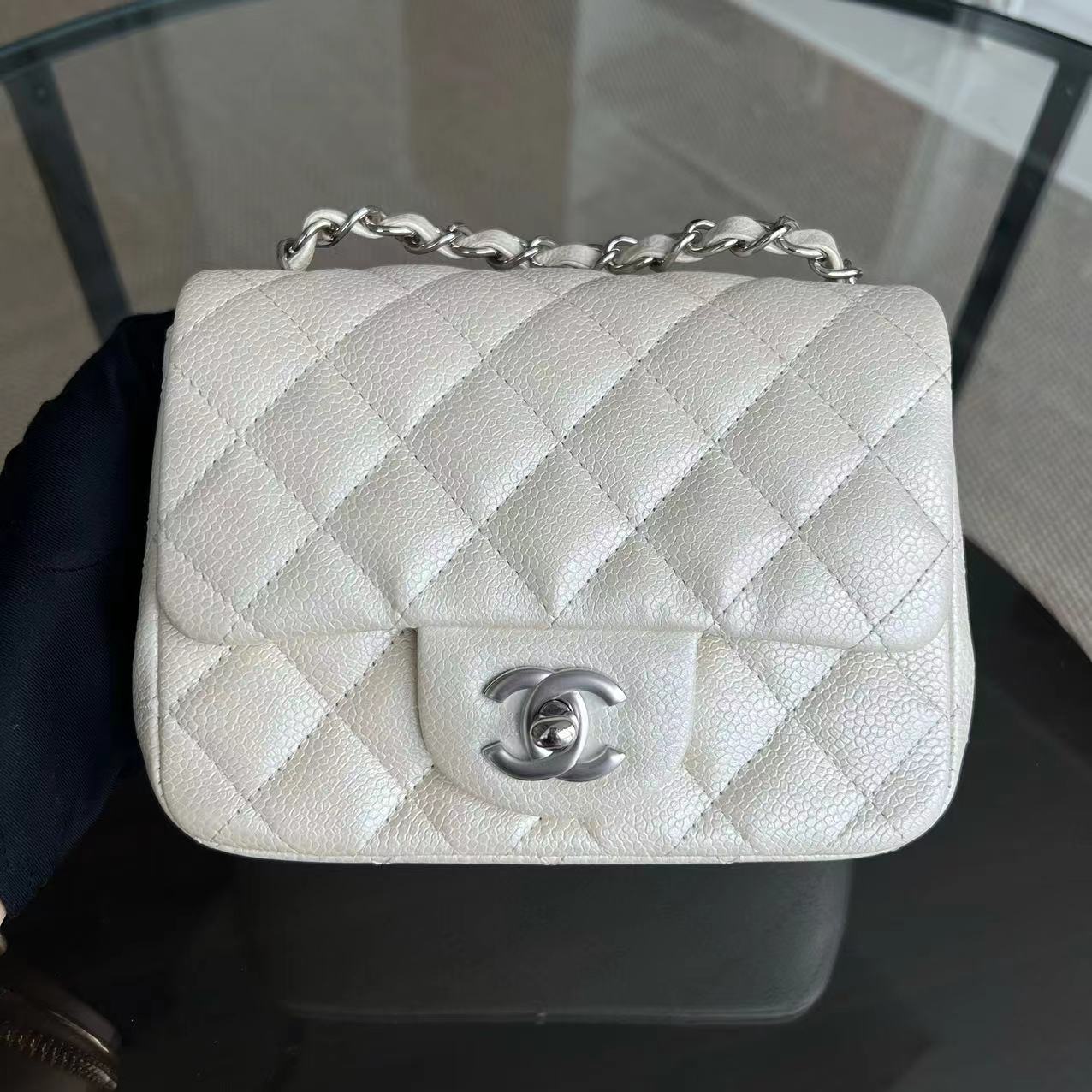 Caviar Mini Square Classic Flap 17CM Quilted Calfskin Pearl White SHW No 20