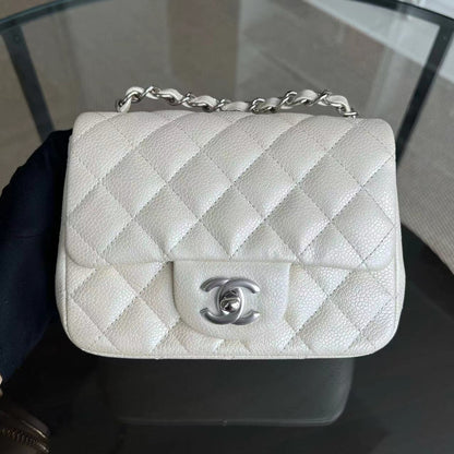 Caviar Mini Square Classic Flap 17CM Quilted Calfskin Pearl White SHW No 20