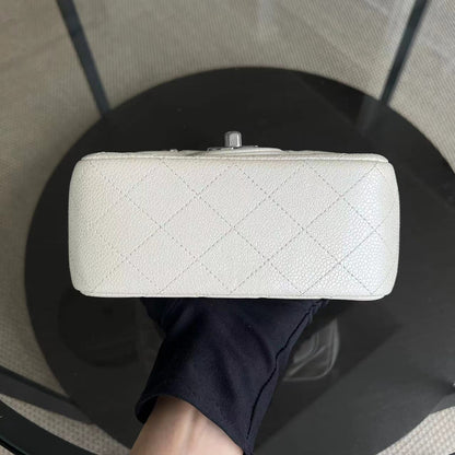 Caviar Mini Square Classic Flap 17CM Quilted Calfskin Pearl White SHW No 20