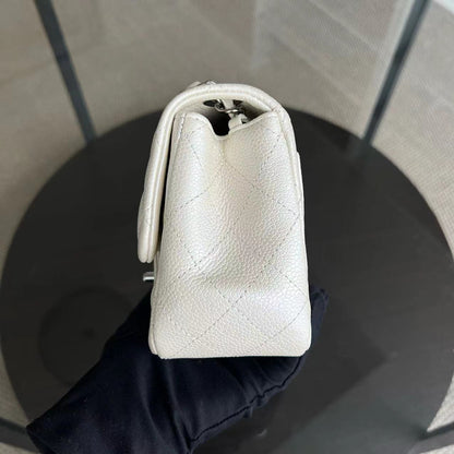 Caviar Mini Square Classic Flap 17CM Quilted Calfskin Pearl White SHW No 20