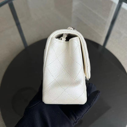 Caviar Mini Square Classic Flap 17CM Quilted Calfskin Pearl White SHW No 20