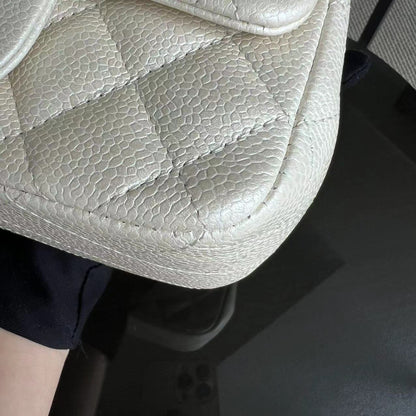 Caviar Mini Square Classic Flap 17CM Quilted Calfskin Pearl White SHW No 20