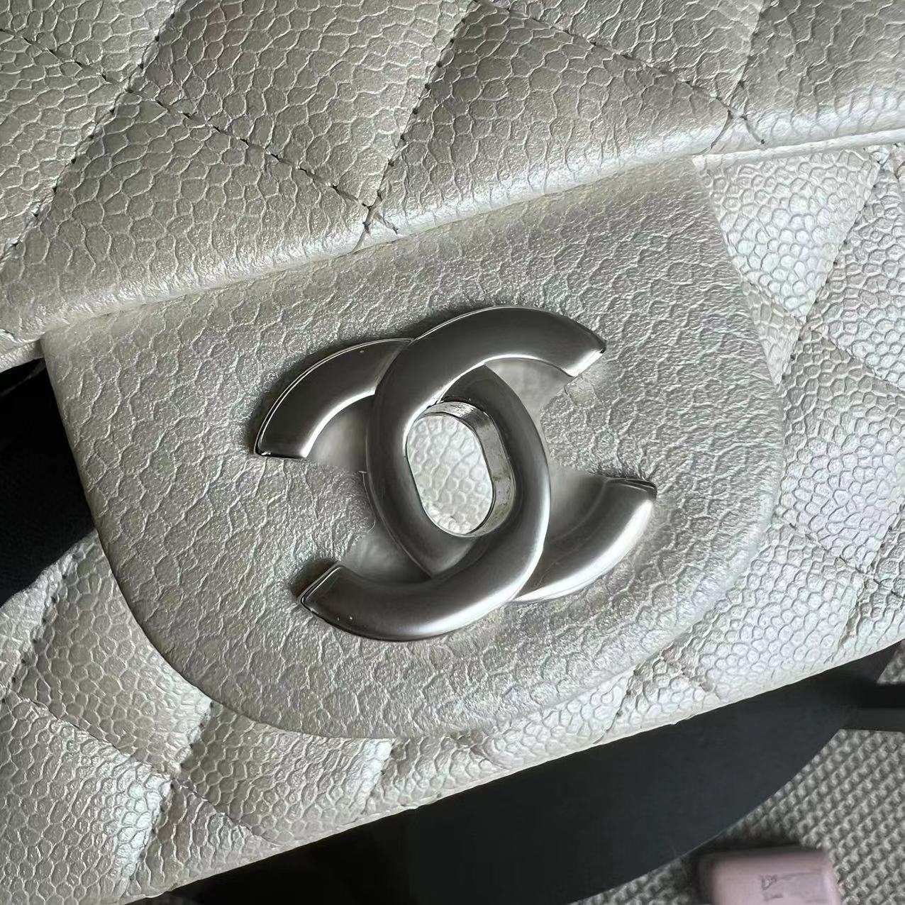 Caviar Mini Square Classic Flap 17CM Quilted Calfskin Pearl White SHW No 20
