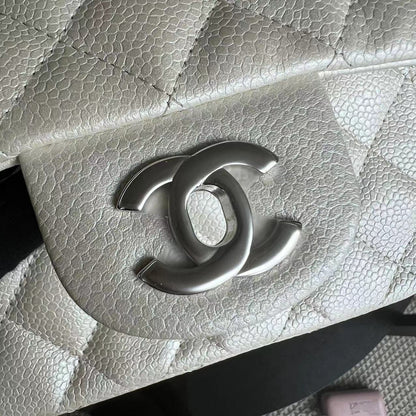 Caviar Mini Square Classic Flap 17CM Quilted Calfskin Pearl White SHW No 20
