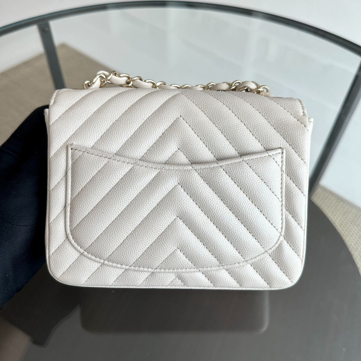 Caviar Mini Square Classic Flap Chevron White GHW No 26