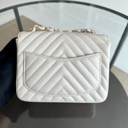 Caviar Mini Square Classic Flap Chevron White GHW No 26