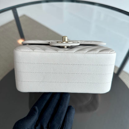 Caviar Mini Square Classic Flap Chevron White GHW No 26