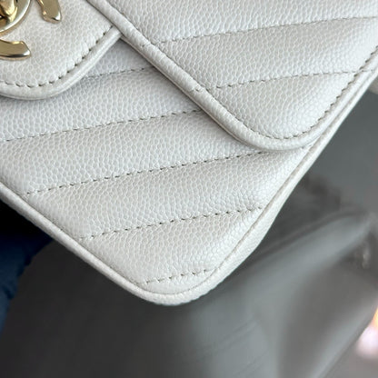 Caviar Mini Square Classic Flap Chevron White GHW No 26