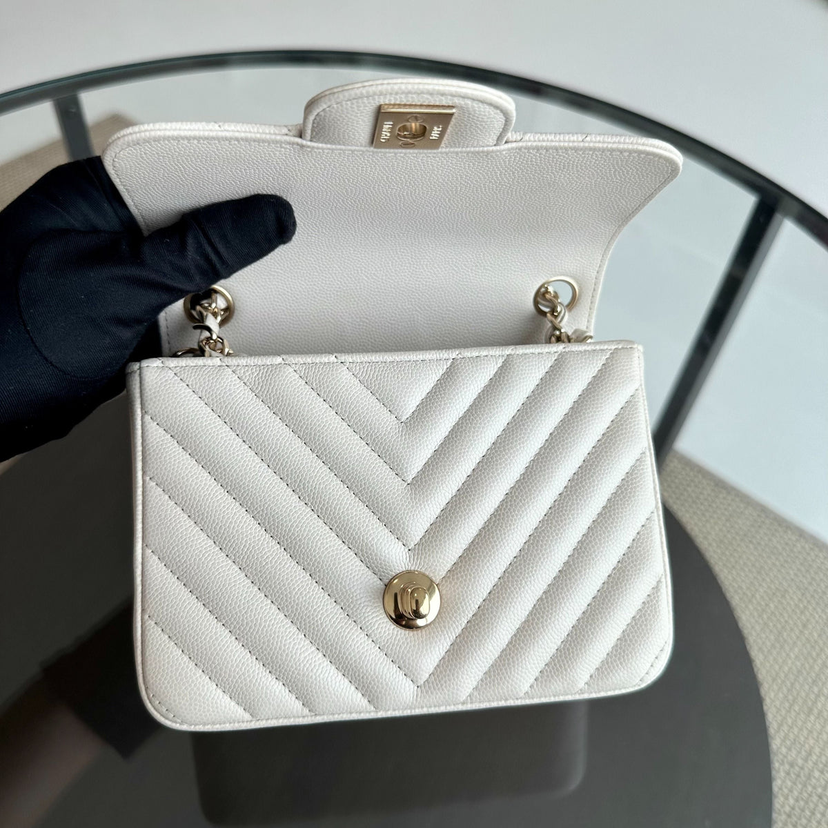 Caviar Mini Square Classic Flap Chevron White GHW No 26