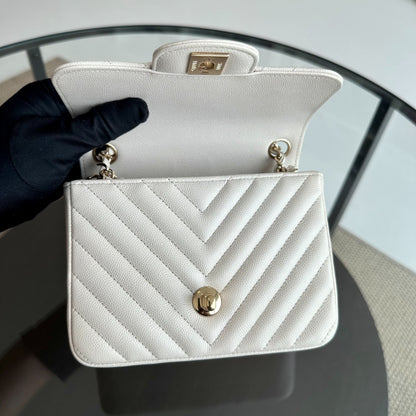 Caviar Mini Square Classic Flap Chevron White GHW No 26