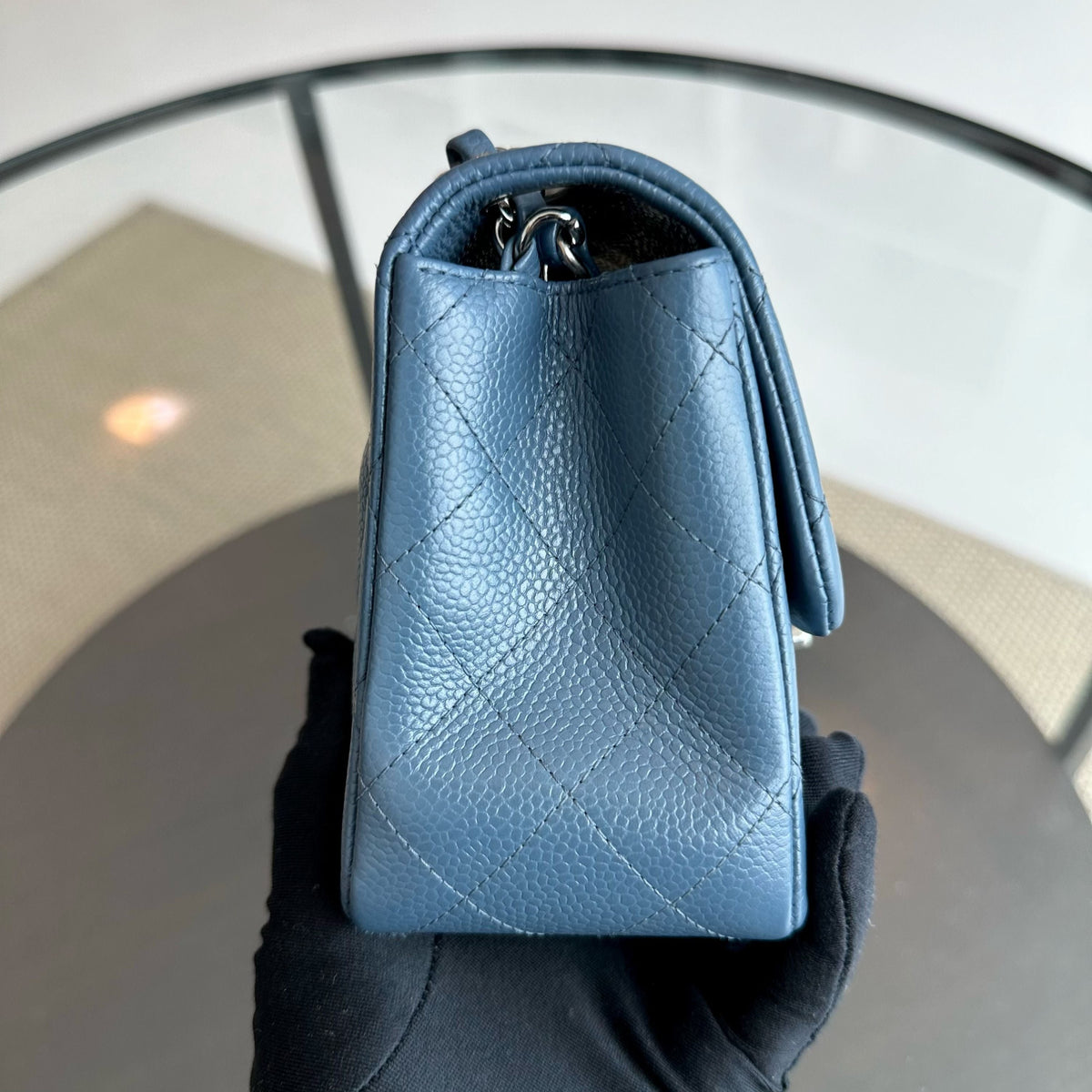 Caviar Mini Square Classic Flap Quilted Calfskin Blue SHW No 19