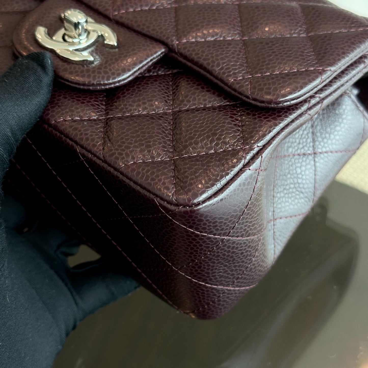 Caviar Mini Square Classic Flap Quilted Calfskin Burgundy SHW No 20