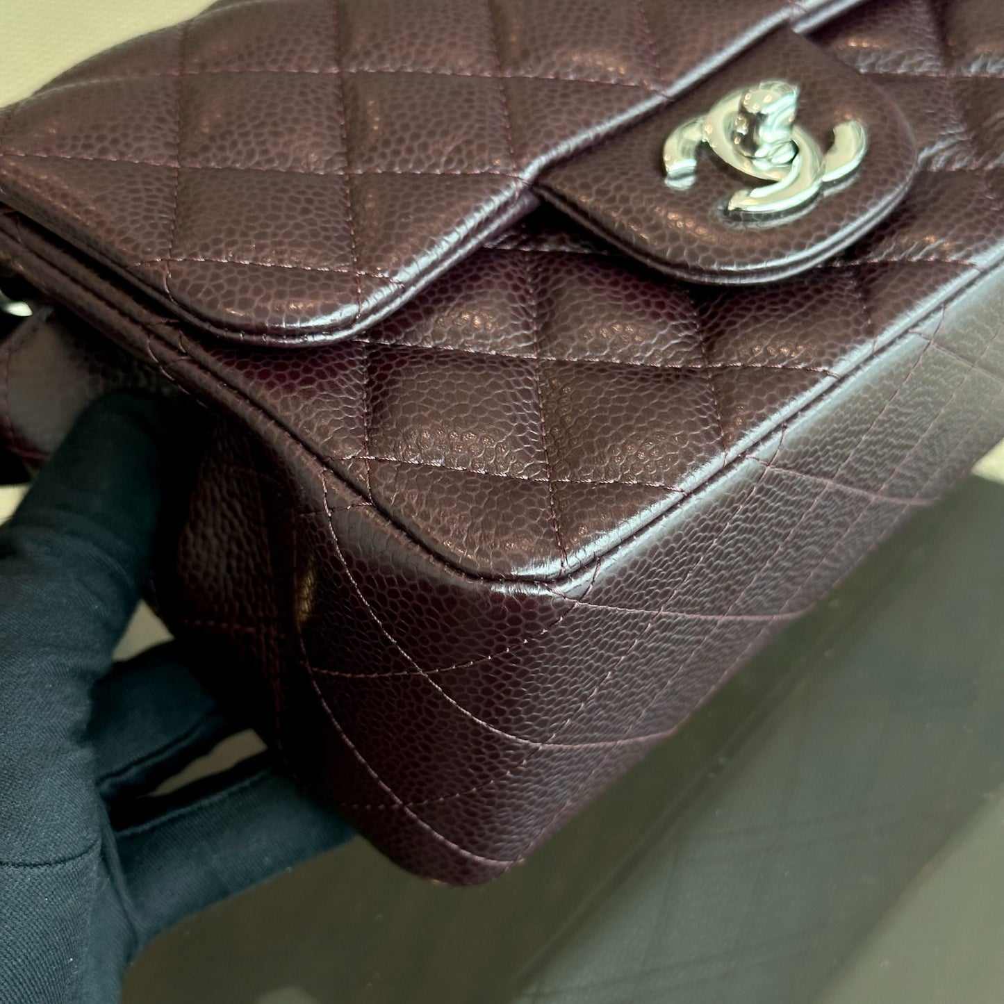 Caviar Mini Square Classic Flap Quilted Calfskin Burgundy SHW No 20