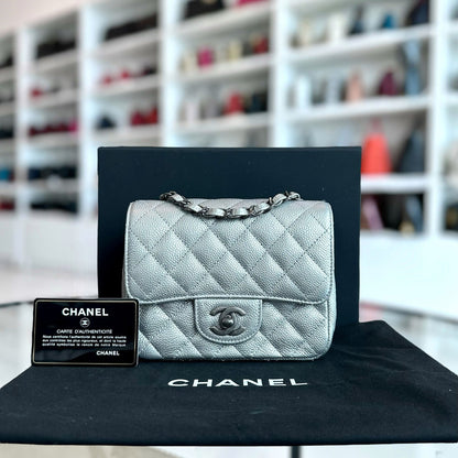 Caviar Mini Square Quilted Grained Calfskin Silver RSHW No 24