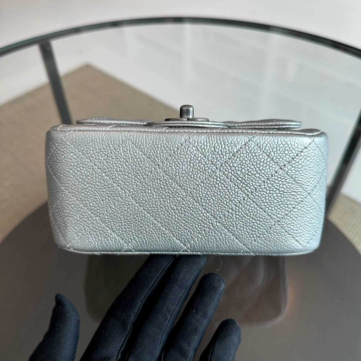 Caviar Mini Square Quilted Grained Calfskin Silver RSHW No 24
