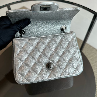 Caviar Mini Square Quilted Grained Calfskin Silver RSHW No 24
