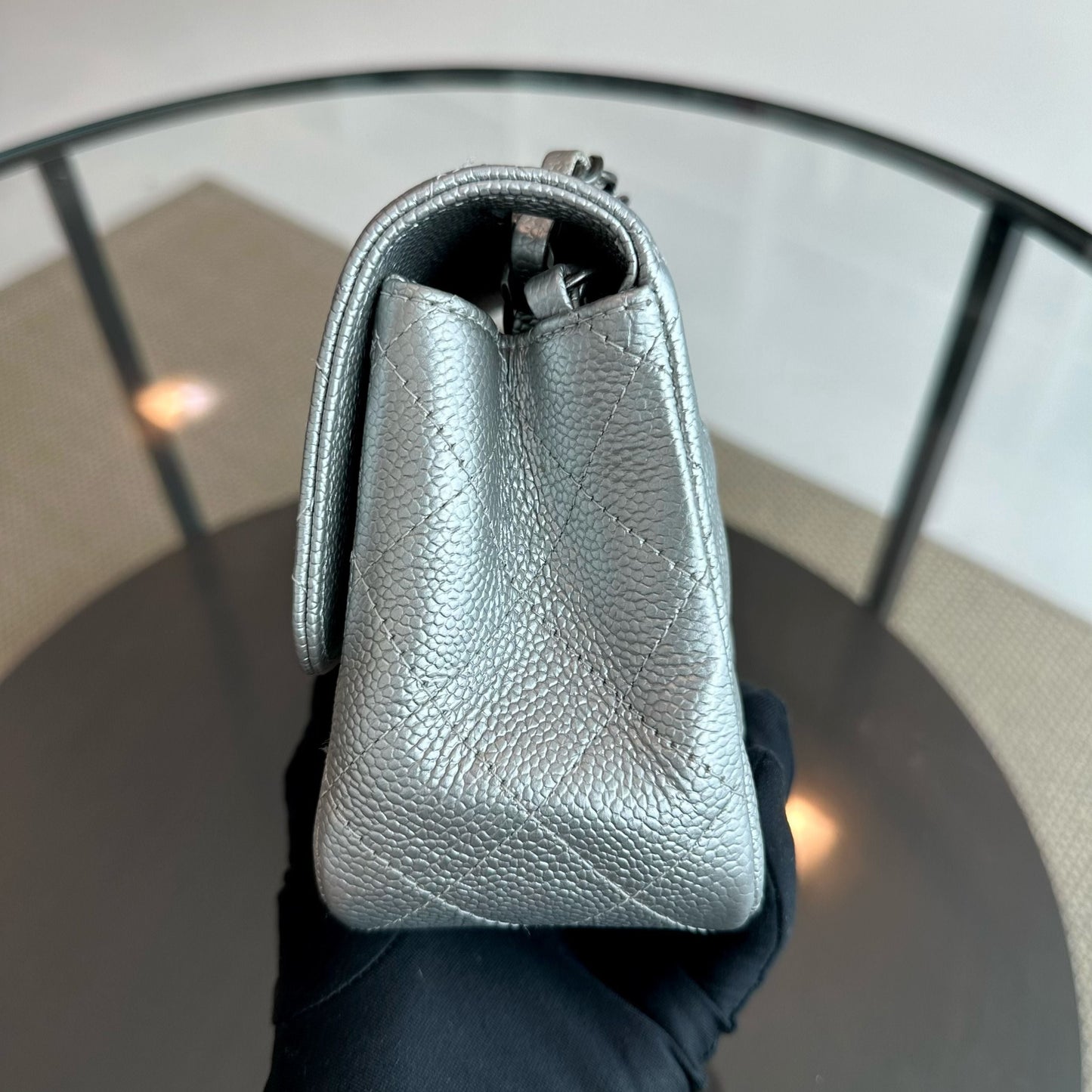 Caviar Mini Square Quilted Grained Calfskin Silver RSHW No 24
