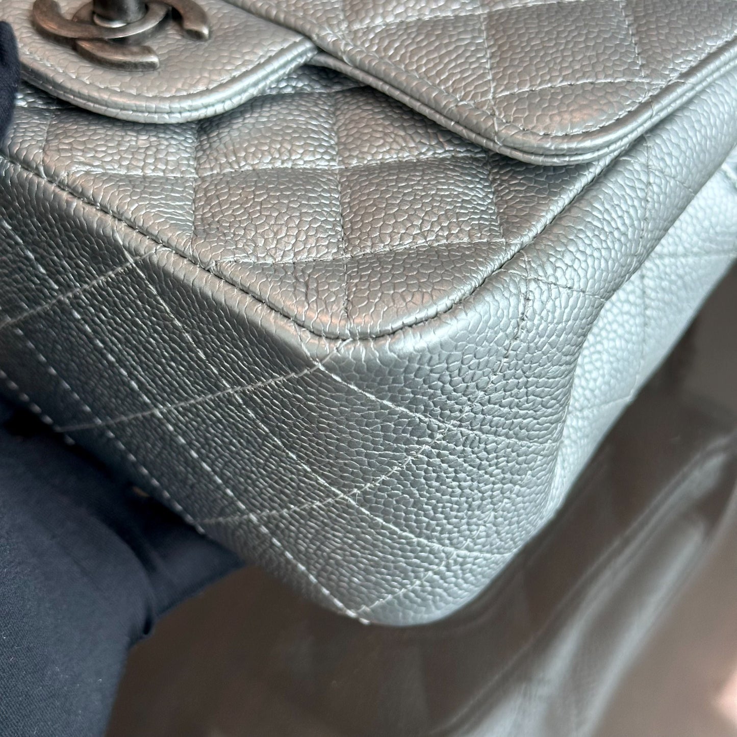 Caviar Mini Square Quilted Grained Calfskin Silver RSHW No 24