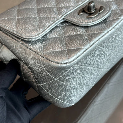 Caviar Mini Square Quilted Grained Calfskin Silver RSHW No 24