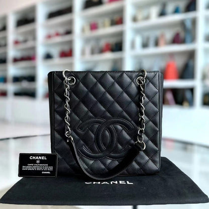 Caviar PST Petite Shopping Tote Quilted Calfskin Black Silver Hardware Series 12