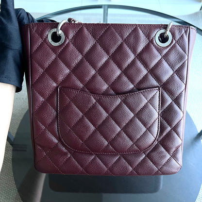 Caviar PST Petite Shopping Tote Quilted Grained Calfskin Burgundy Silver Hardware Series 18