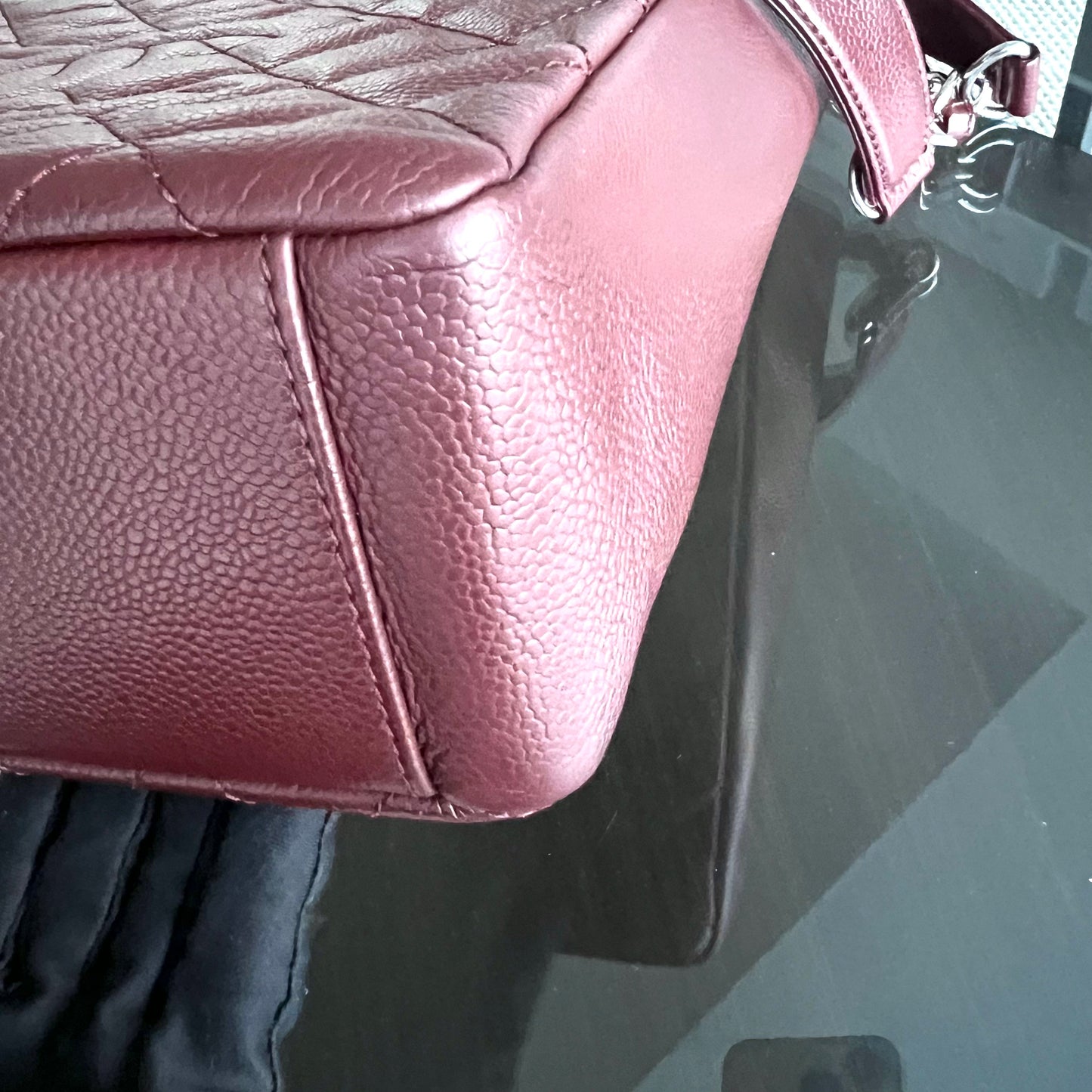 Caviar PST Petite Shopping Tote Quilted Grained Calfskin Burgundy Silver Hardware Series 18