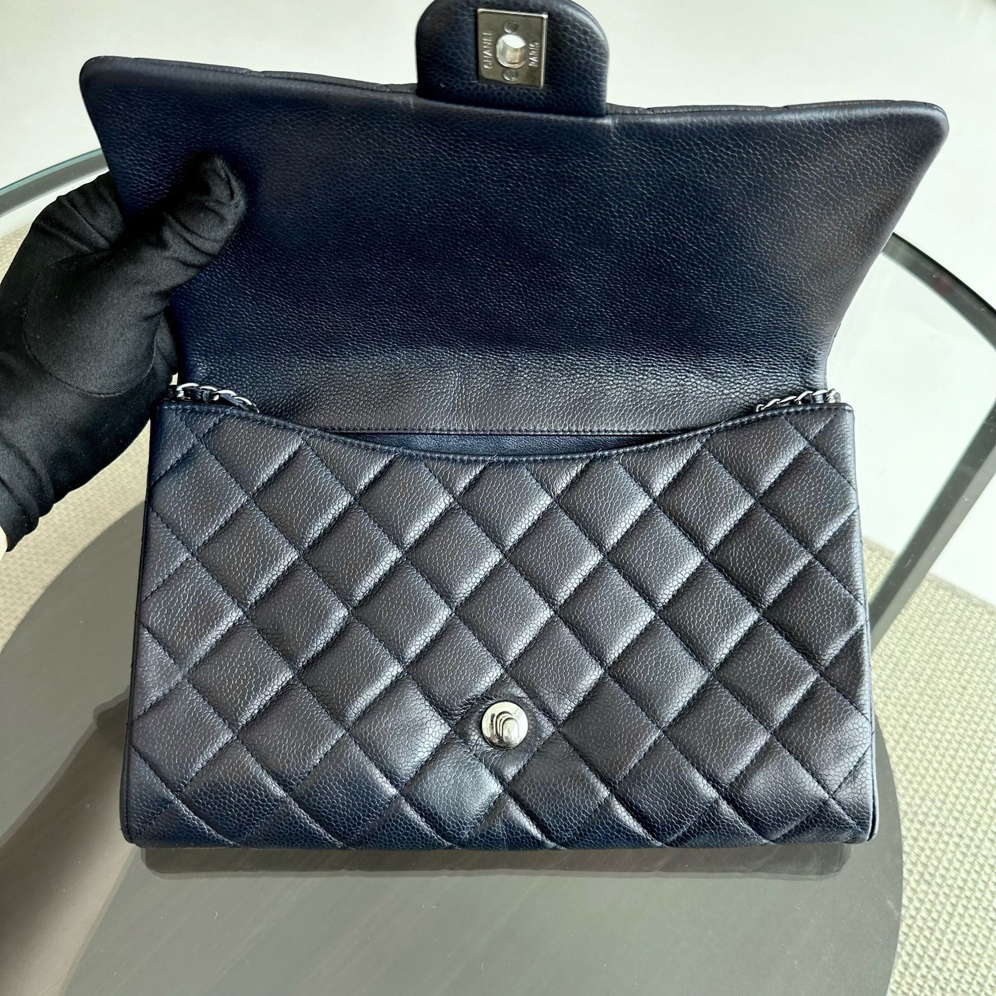 Caviar Timeless Classic Flap Clutch Calfskin Leather Dark Blue SHW No 18