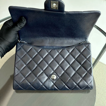 Caviar Timeless Classic Flap Clutch Calfskin Leather Dark Blue SHW No 18