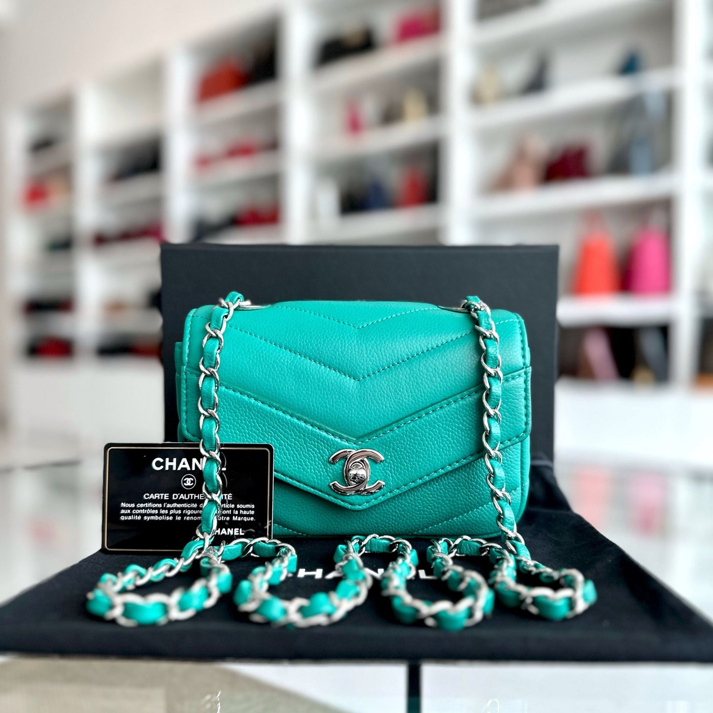 Caviar V Stitch Chevron Mini Square Green Blue SHW No 24