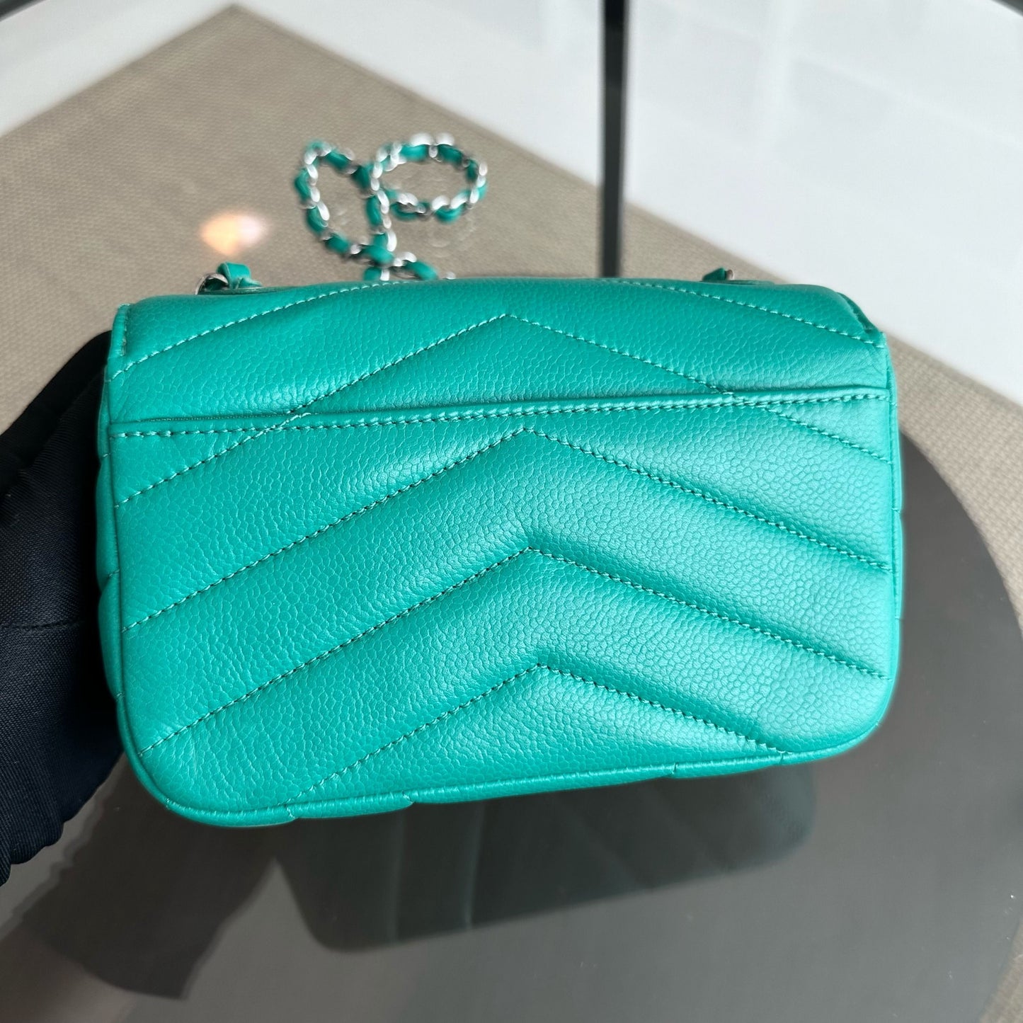 Caviar V Stitch Chevron Mini Square Green Blue SHW No 24