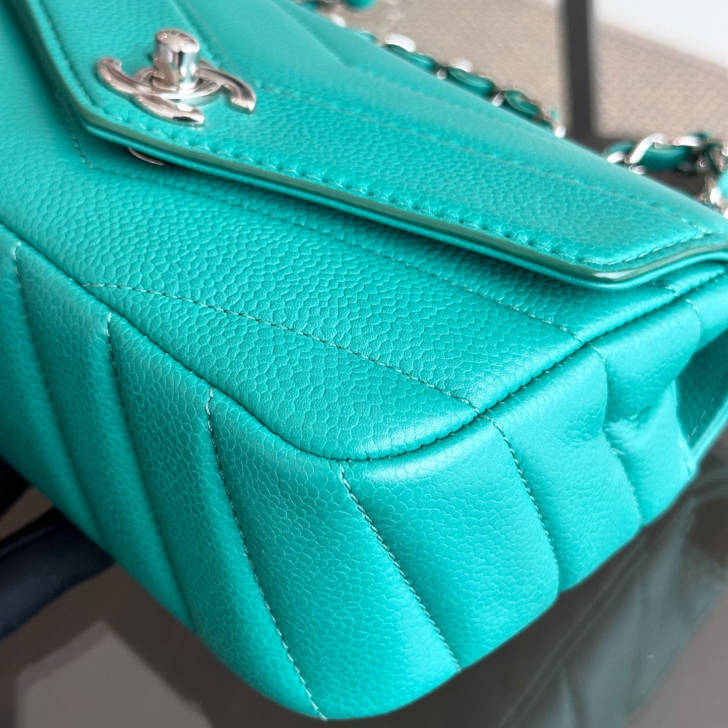 Caviar V Stitch Chevron Mini Square Green Blue SHW No 24