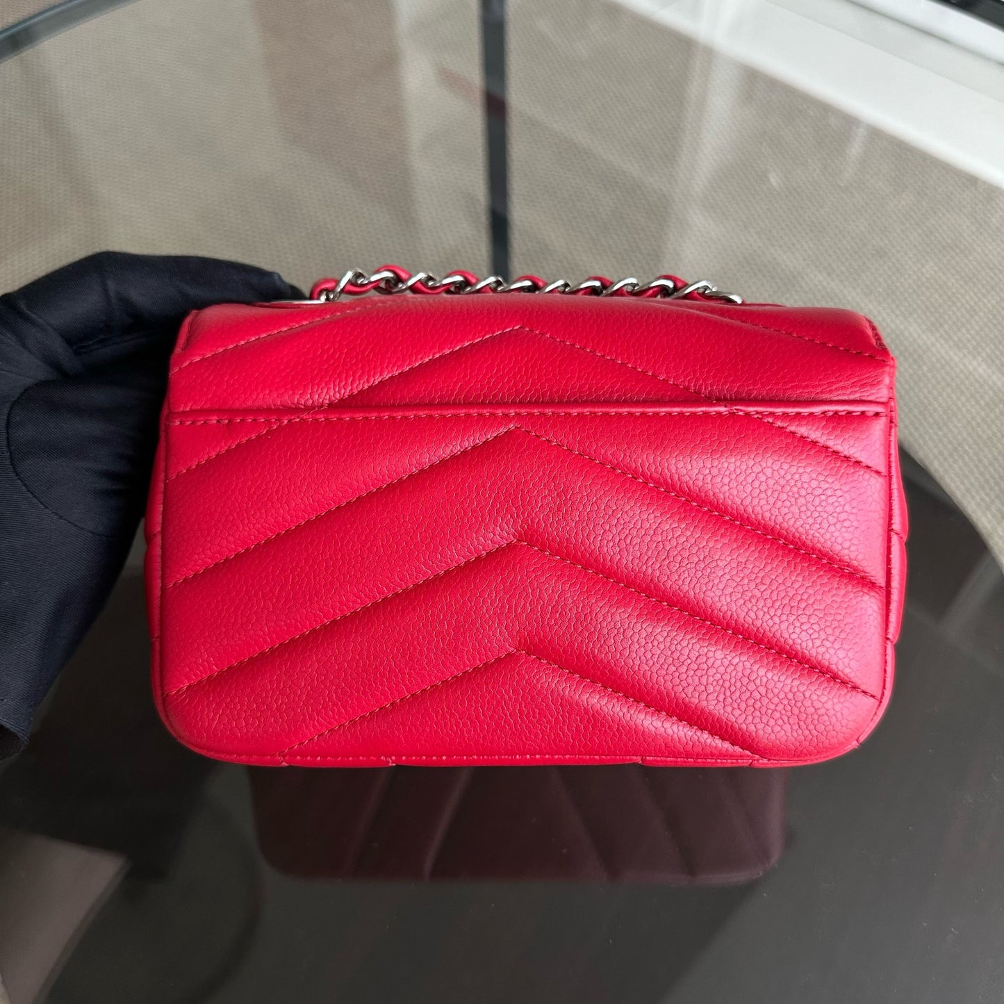 Caviar V Stitch Chevron Mini Square Seasonal Flap Red SHW No 24
