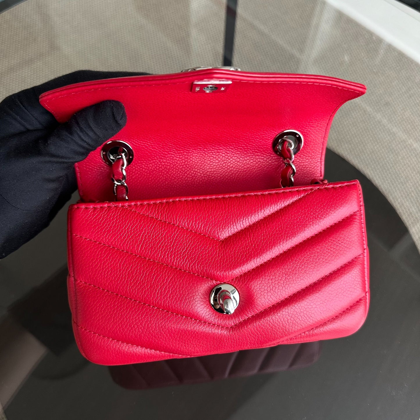 Caviar V Stitch Chevron Mini Square Seasonal Flap Red SHW No 24