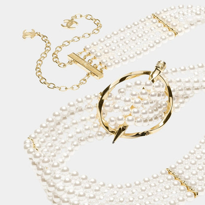 Chain Belt Metal Resin & Rhinestones Gold Pearly White & Crystal