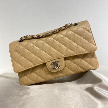 CHANEL CLASSIC FLAP MEDIUM CHAIN SHOULDER BAG BEIGE CAVIAR SKIN SHW 90215286