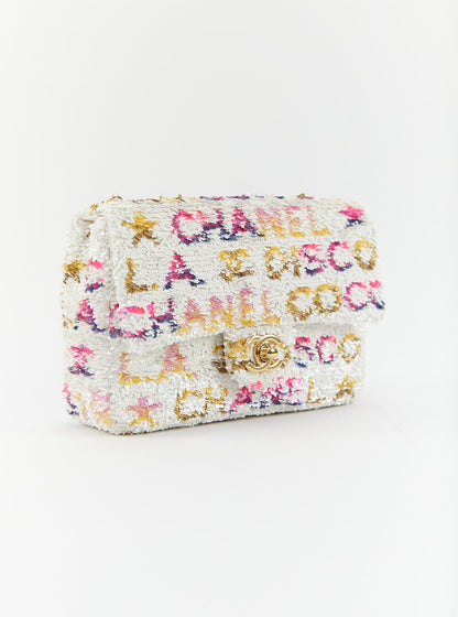 CHANEL MINI RECTANGLE DISCO FLAP BAG WHITE, YELLOW & PINK Sequins & Calfskin with Gold-Tone Hardware