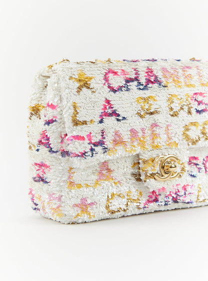 CHANEL MINI RECTANGLE DISCO FLAP BAG WHITE, YELLOW & PINK Sequins & Calfskin with Gold-Tone Hardware