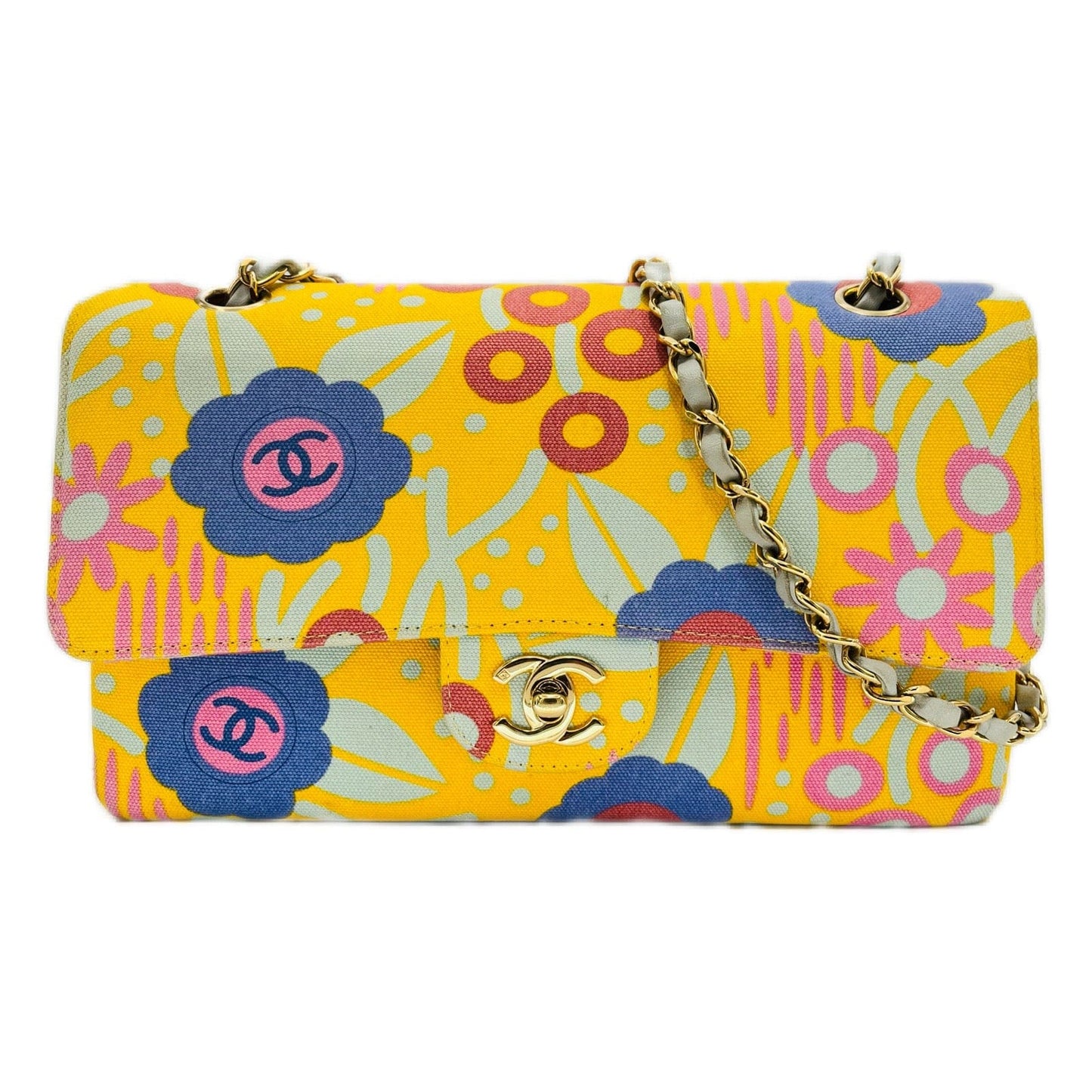 Chanel Vintage Classic Flap Medium Floral Print Yellow / Blue Canvas #8 90215300