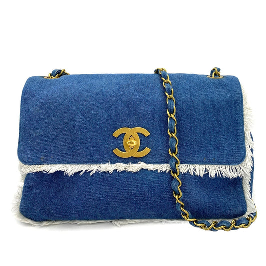 CHANEL VINTAGE MAXI MATELASSE 34 CHAIN SHOULDER BAG BLUE DENIM 90245553