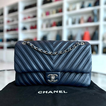 Chevron Classic Seasonal Jumbo Flap 30CM Lambskin Dark Blue SHW No 21