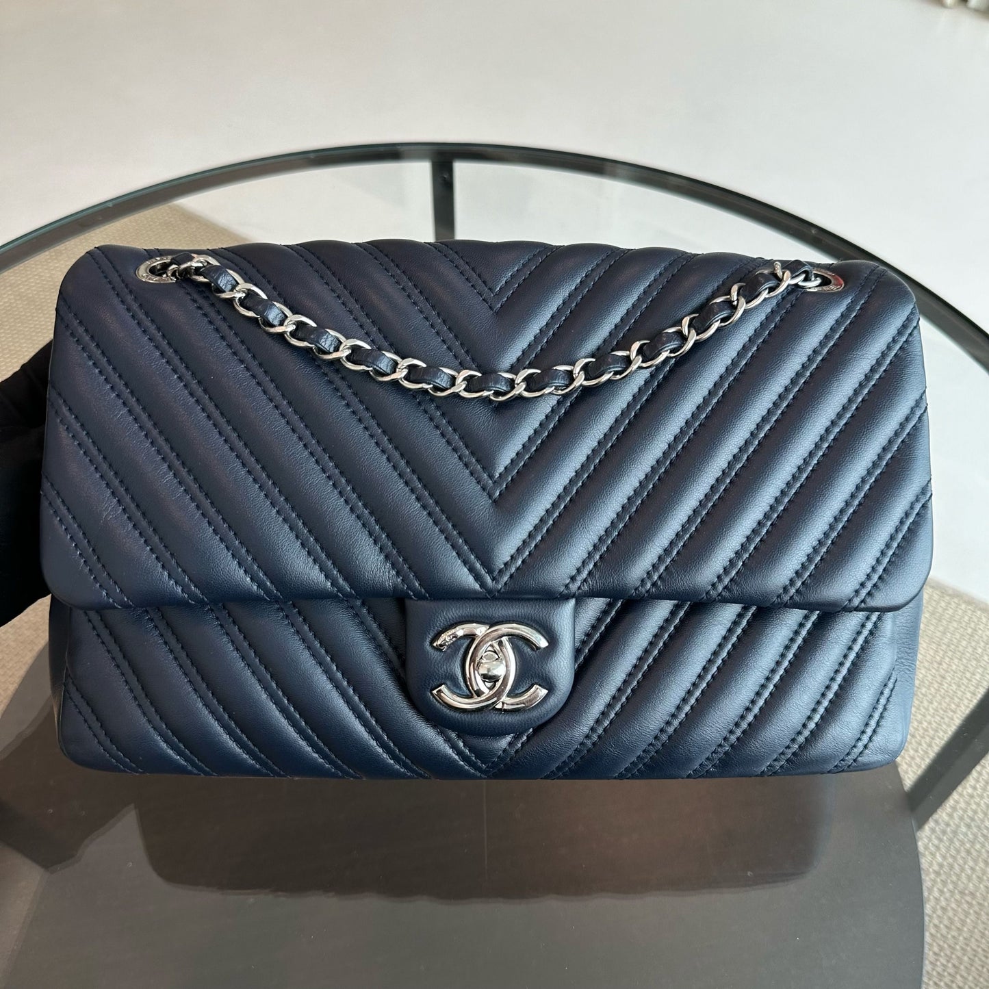 Chevron Classic Seasonal Jumbo Flap 30CM Lambskin Dark Blue SHW No 21