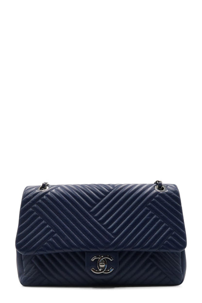 Chevron Jumbo Crossing Classic Single Flap Bag Navy