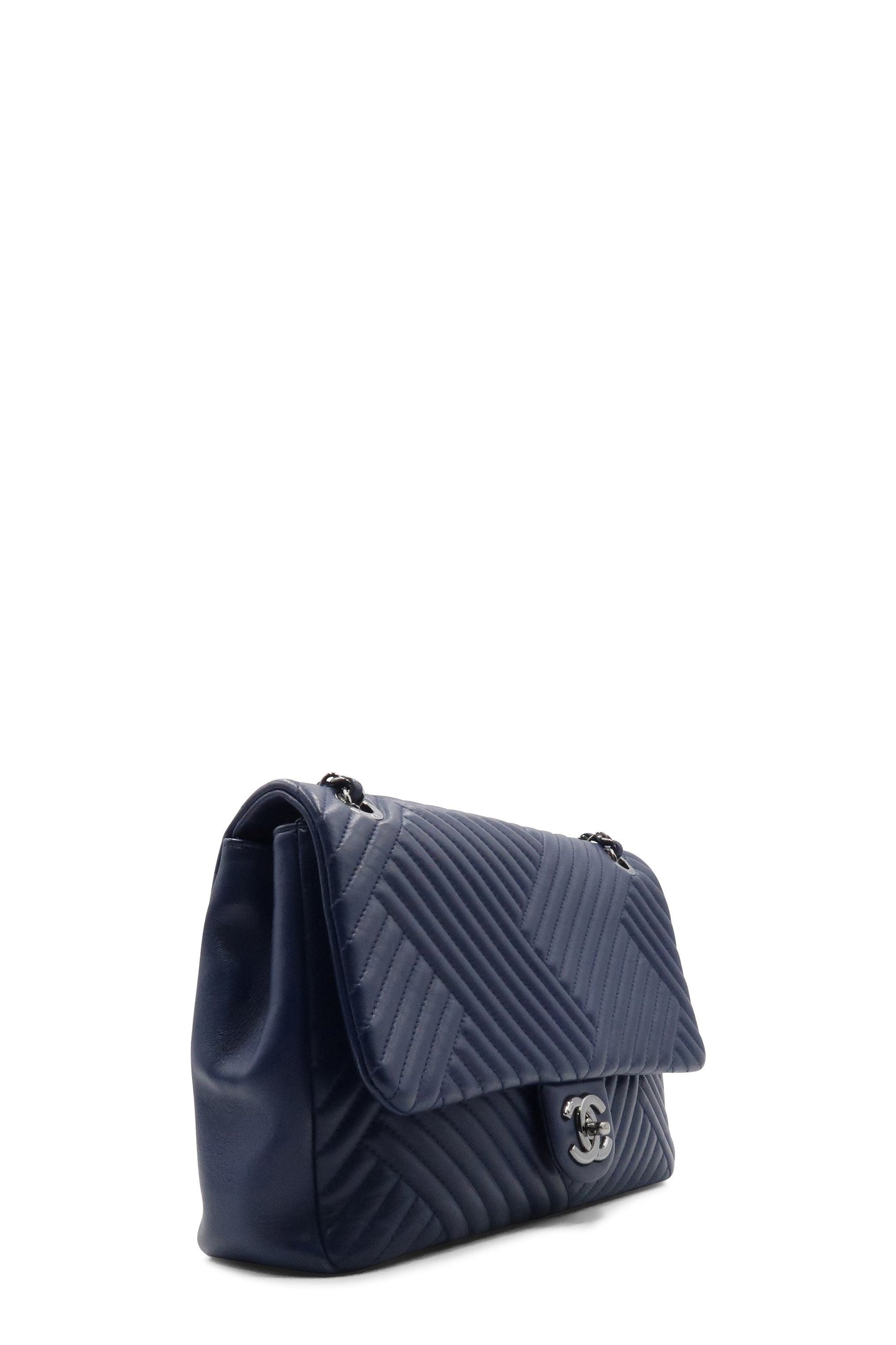 Chevron Jumbo Crossing Classic Single Flap Bag Navy