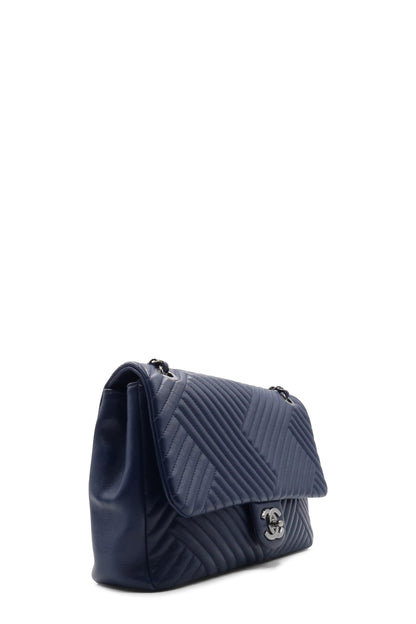 Chevron Jumbo Crossing Classic Single Flap Bag Navy