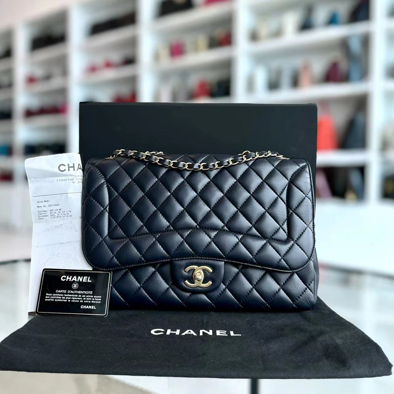 Chic Flap Jumbo Quilted Calfskin Dark Blue Golden Hardware Series 21