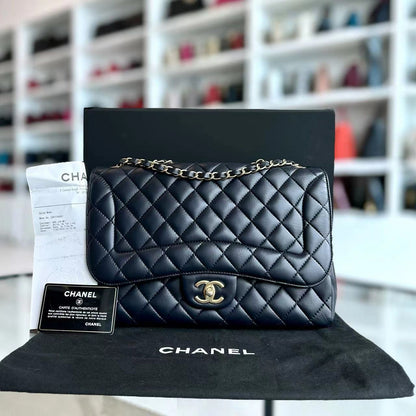 Chic Flap Jumbo Quilted Calfskin Dark Blue Golden Hardware Series 21