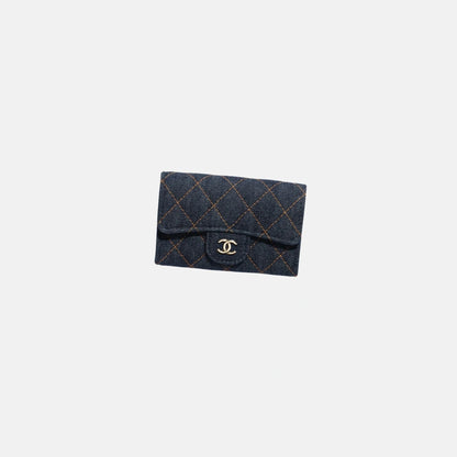 Chanel Classic Card Holder in Denim and Gold Metal, Front