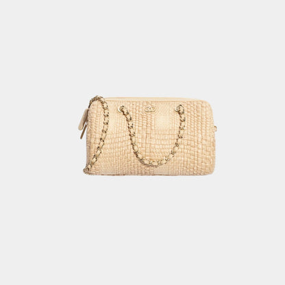 Classic Clutch With Chain Braided Raffia & Gold Tone Metal