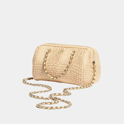 Classic Clutch With Chain Braided Raffia & Gold Tone Metal