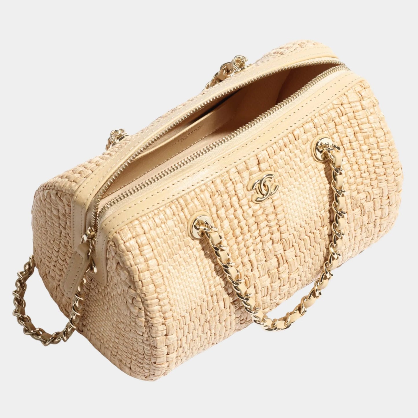 Classic Clutch With Chain Braided Raffia & Gold Tone Metal